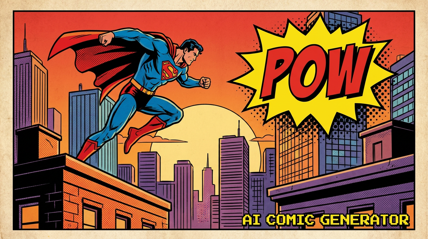AI comic generator result showing a dynamic superhero comic panel of a caped hero leaping through a city skyline with bold ink outlines and halftone shading