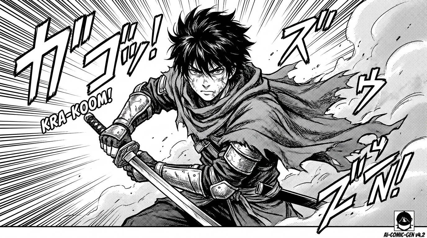 AI comic generator result showing a black and white manga panel of a determined young warrior gripping a sword with dramatic speed lines and screentone shading