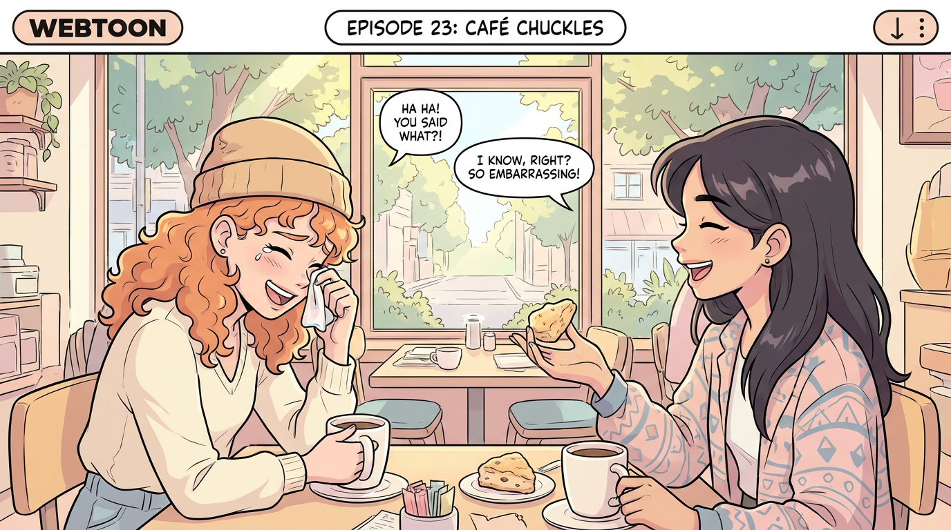 AI comic generator result showing a colorful webtoon panel of two friends laughing at a cozy cafe with soft cel shading and clean line art