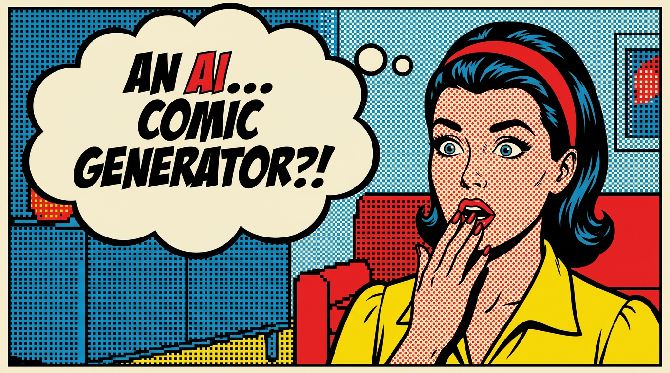 AI comic generator result showing a retro pop art comic panel of a surprised woman with a thought bubble, Ben-Day dots, and bold primary colors