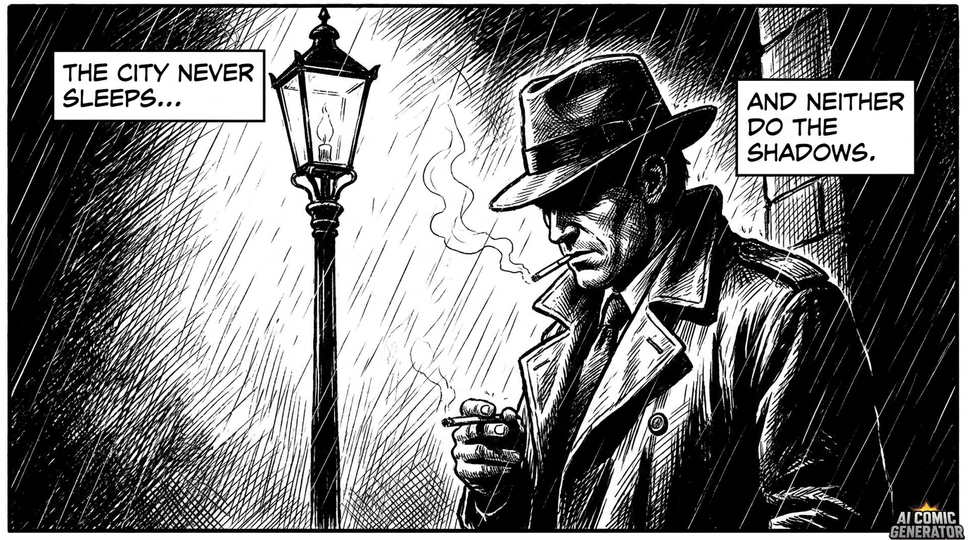 AI comic generator result showing a moody film-noir detective comic panel of a trench-coated figure under a streetlamp in the rain with heavy black shadows