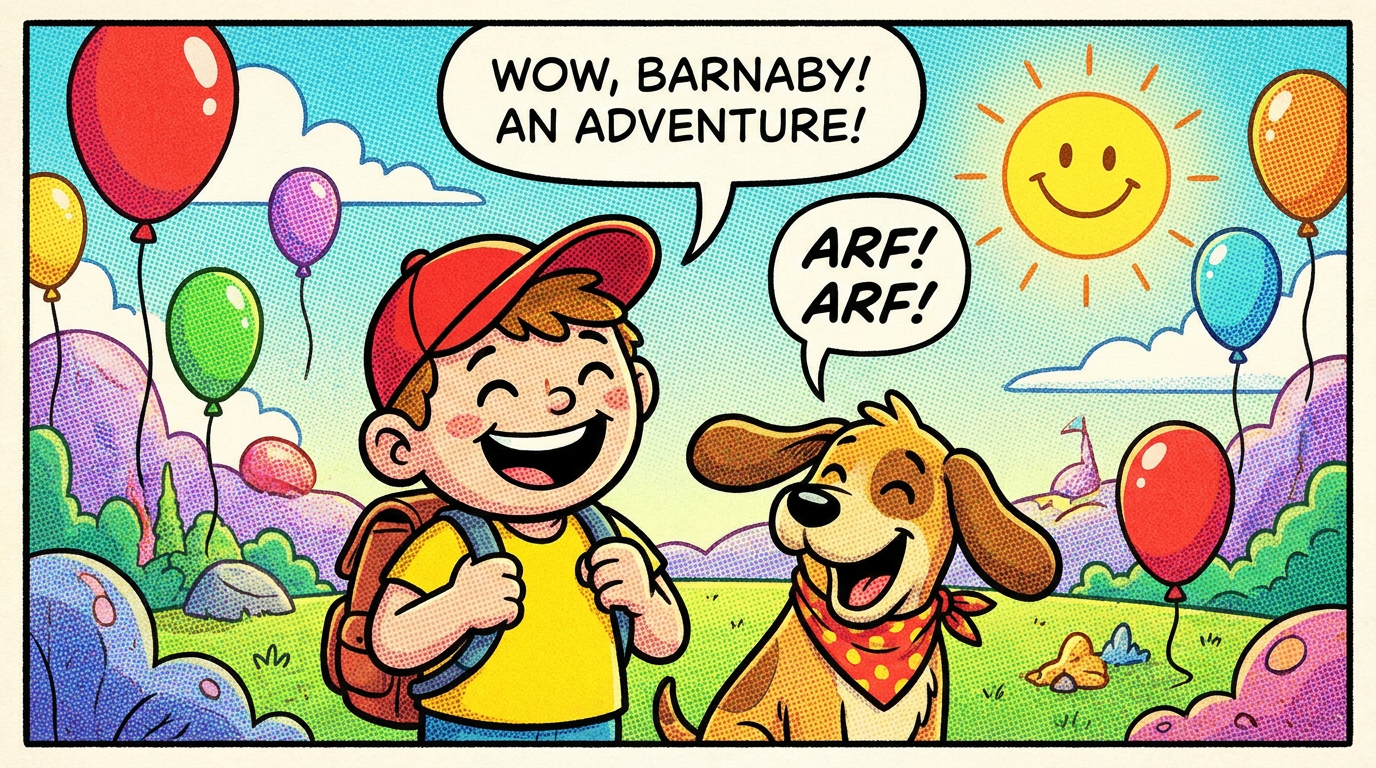 AI comic generator result showing a bright all-ages cartoon comic strip panel of a cheerful kid and a dog on an adventure in a newspaper Sunday comic style