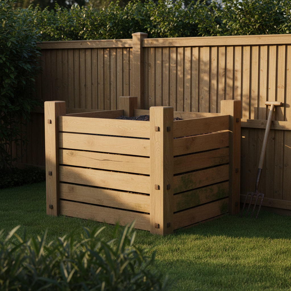 AI compost bin design generator result: a slatted oak compost bay with four corner posts running proud above the sides, square oak pegs driven right through the posts with their cut ends standing out, loose front boards stacked in a slot, dark compost visible over the stack and through the slat gaps, standing on mown grass against a larch fence in low evening sun.