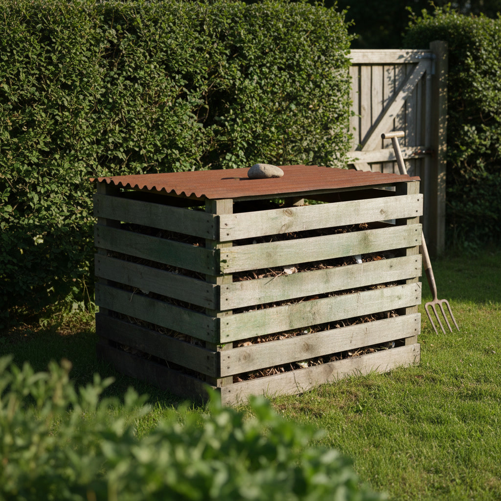 AI compost bin design generator result: a compost bin built from grey weathered reclaimed pallet boards with the last of an old green paint left in the grain, wide gaps showing the leaves and clippings inside, a rusted corrugated iron sheet lying shut on top weighted by one river cobble, in front of a beech hedge in hard morning sun.