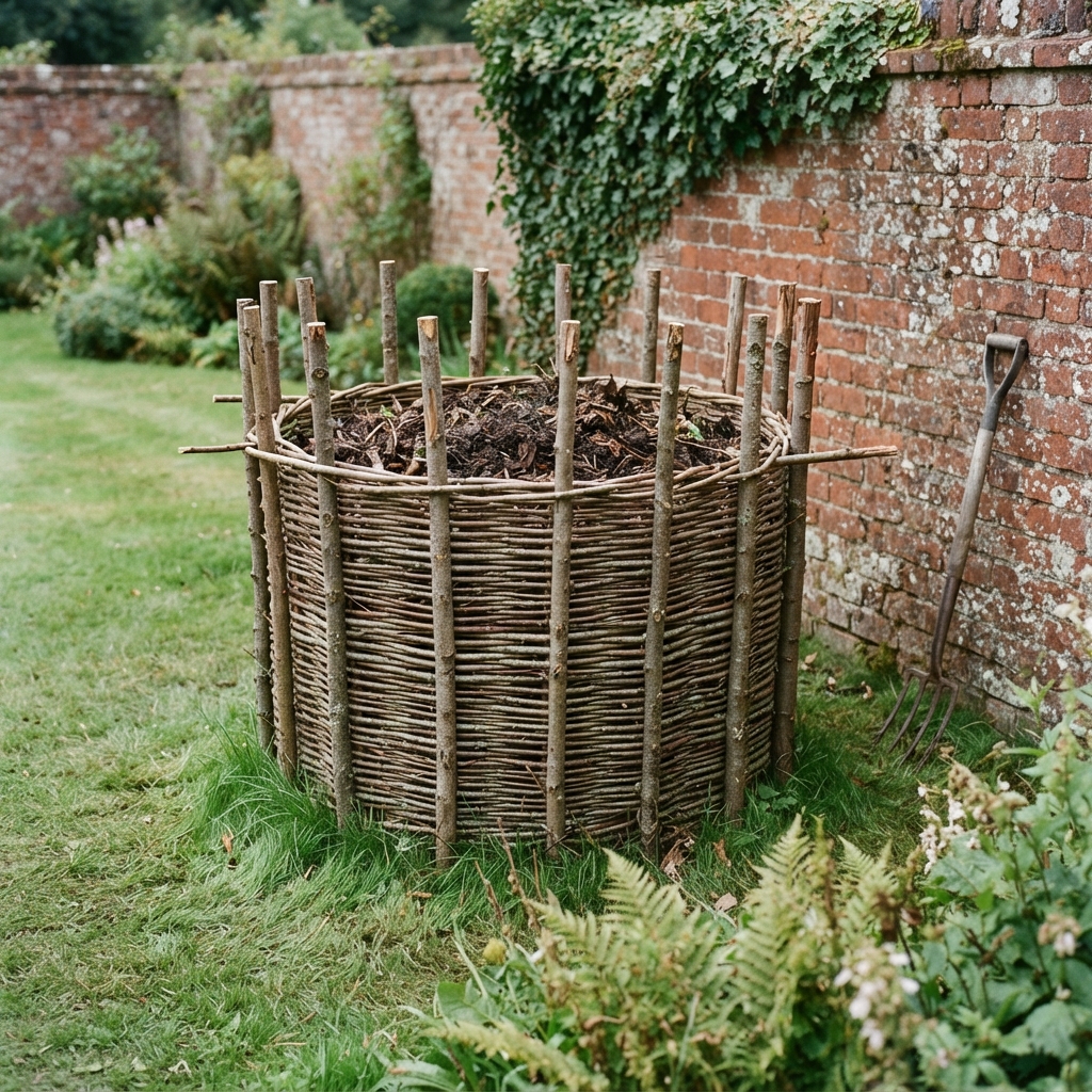 AI compost bin design generator result: a round woven hazel compost bin, a true circle, with peeled hazel stakes standing well above the woven top edge, the dark compost heaped just below the rim, one rod sprung loose from the weave, beside an old red brick wall with ivy and lichen on it.