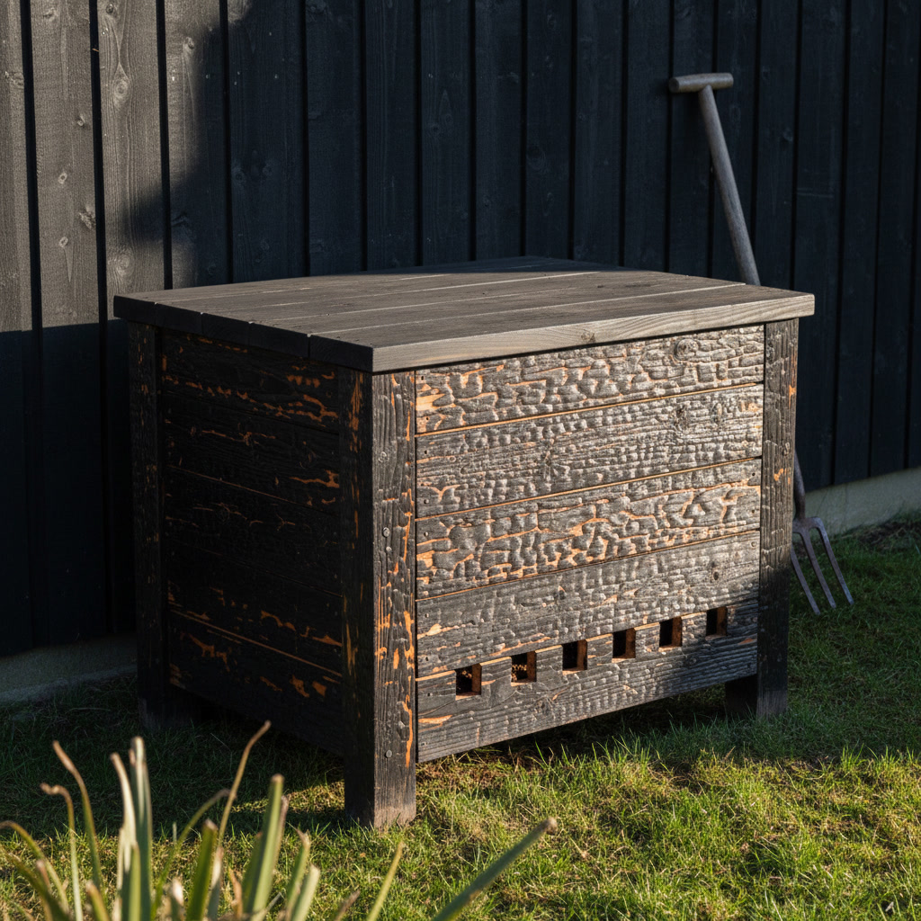AI compost bin design generator result: a charred larch compost bin cracked into black alligator scales with raw orange timber in the cracks, a flat lid lying shut and overhanging on all four sides, a row of narrow slots cut clean through the front board near the bottom showing dark behind, on grass against dark stained boarding.