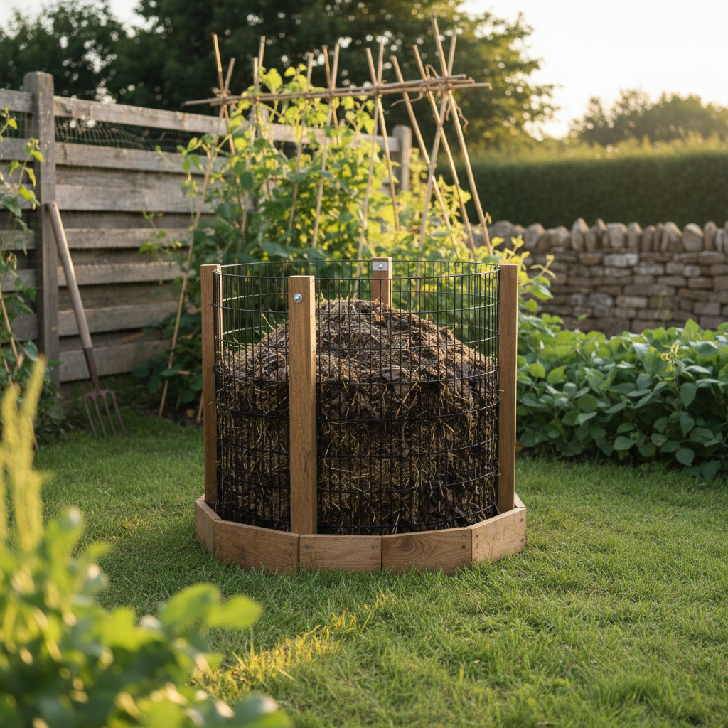 AI compost bin design generator result: a compost bin of welded steel mesh held by oak uprights on a board collar, the whole heap of straw, leaves and clippings pressing out against the wires, standing on grass in a vegetable garden with bean canes behind it in warm low evening light.