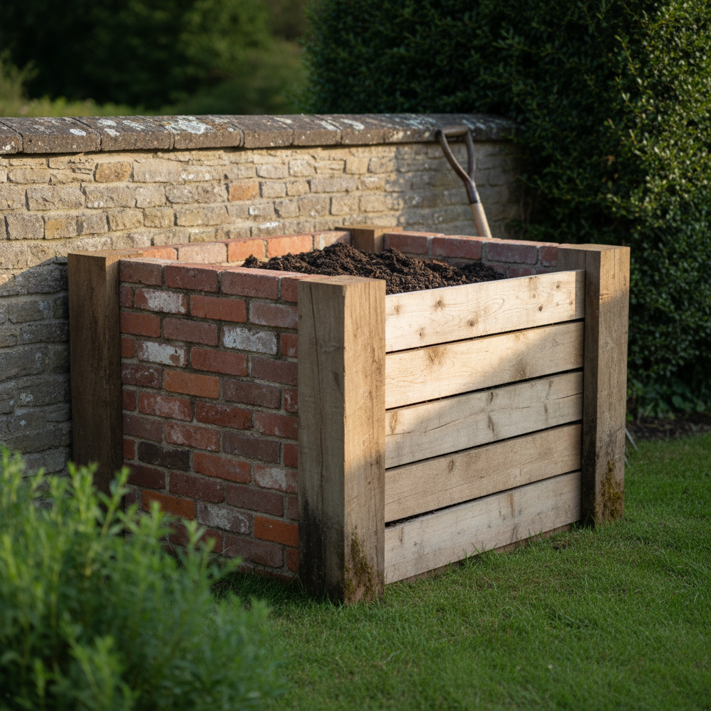 AI compost bin design generator result: a compost bay with one reclaimed red brick side wall coped with brick on edge, oak posts at the front corners running proud above the top, rough sawn oak front boards stacked in a slot and stopping short so the dark compost shows over them, on grass beside an old stone wall.