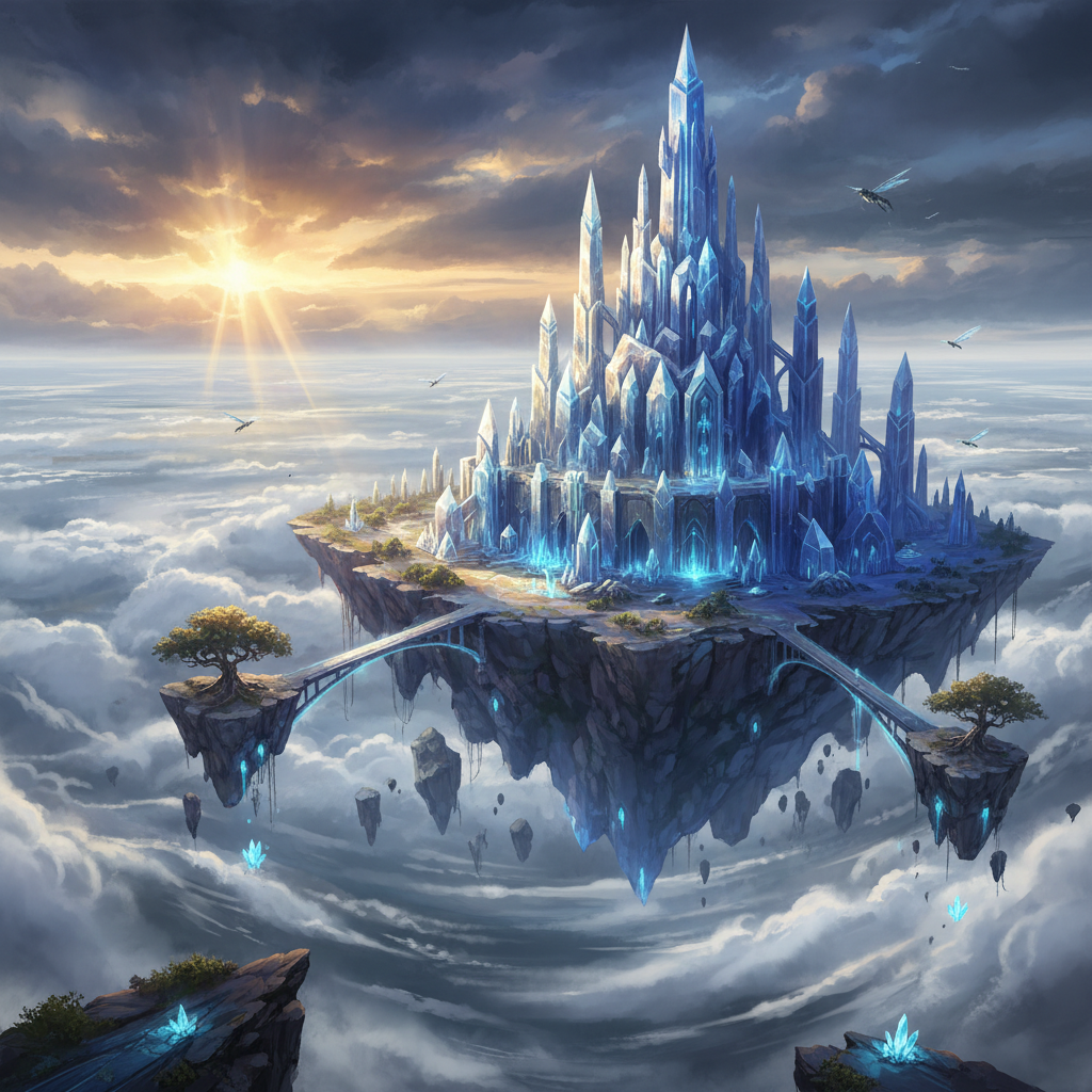 Fantasy concept art of a towering crystal citadel on a floating island above the clouds