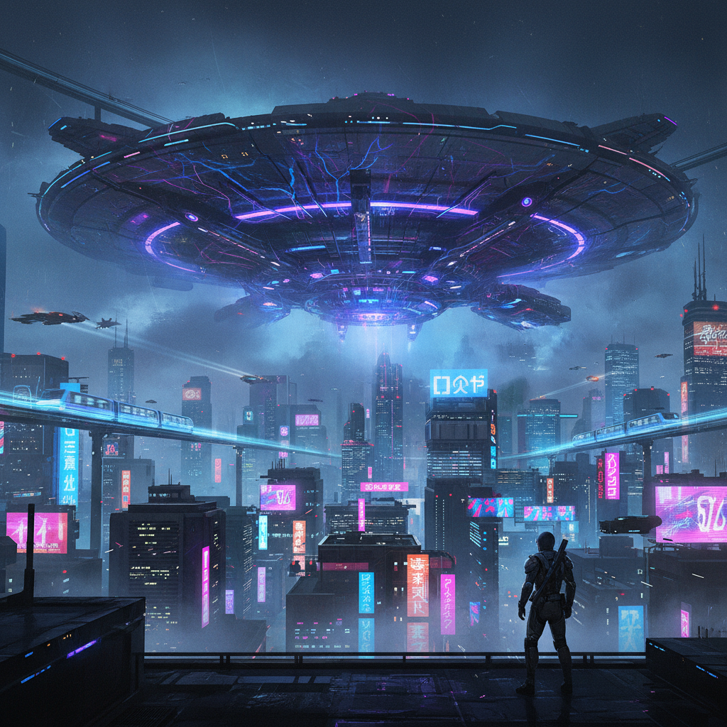 Sci-fi concept art of a colossal alien spaceship hovering over a neon cyberpunk megacity