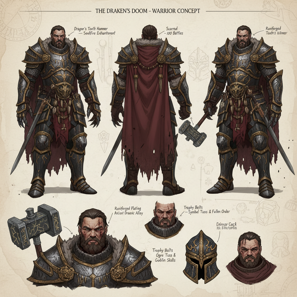 Character concept art sheet of a battle-worn fantasy warrior in ornate armor with turnaround poses