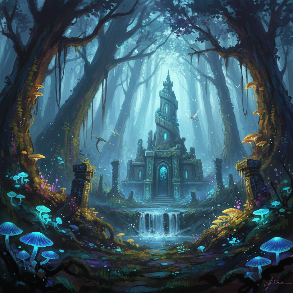 Environment concept art of an enchanted forest with glowing plants and an ancient stone temple