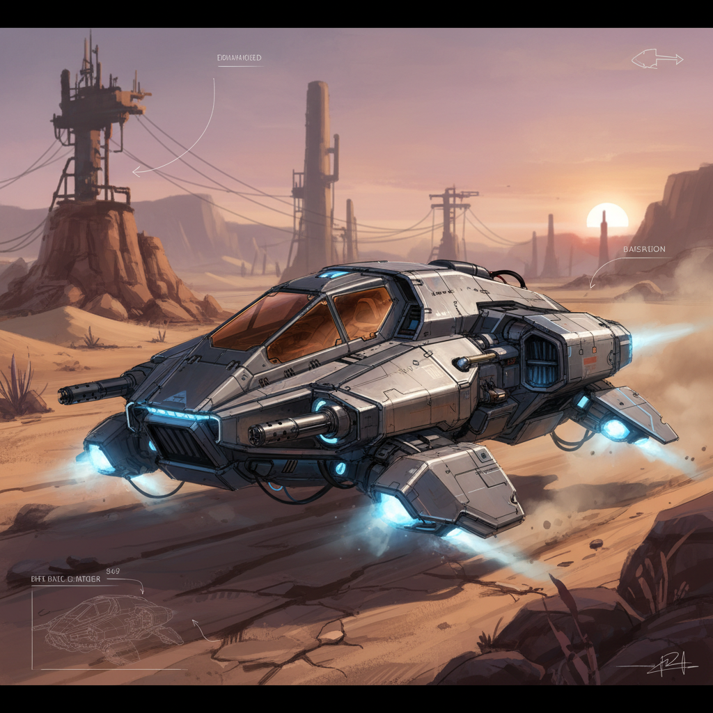 Vehicle concept art of a sleek armored hovercraft in a desert wasteland with design sketches