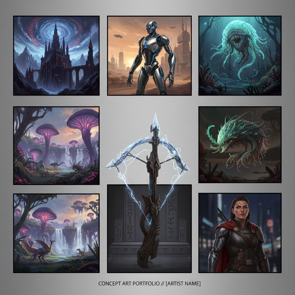 Grid of six AI-generated concept art pieces across fantasy, sci-fi, creature, and character genres