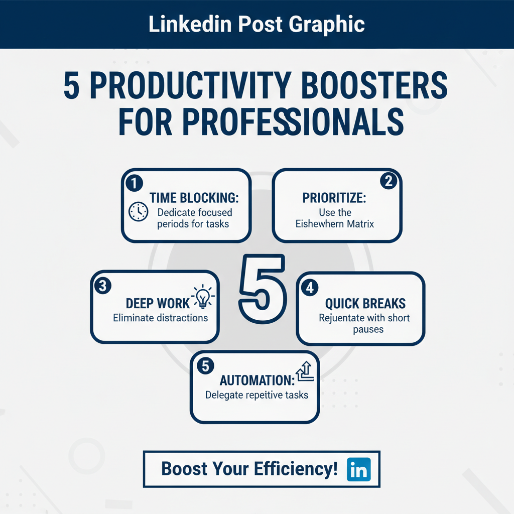 AI content for social media — LinkedIn productivity infographic with corporate navy palette