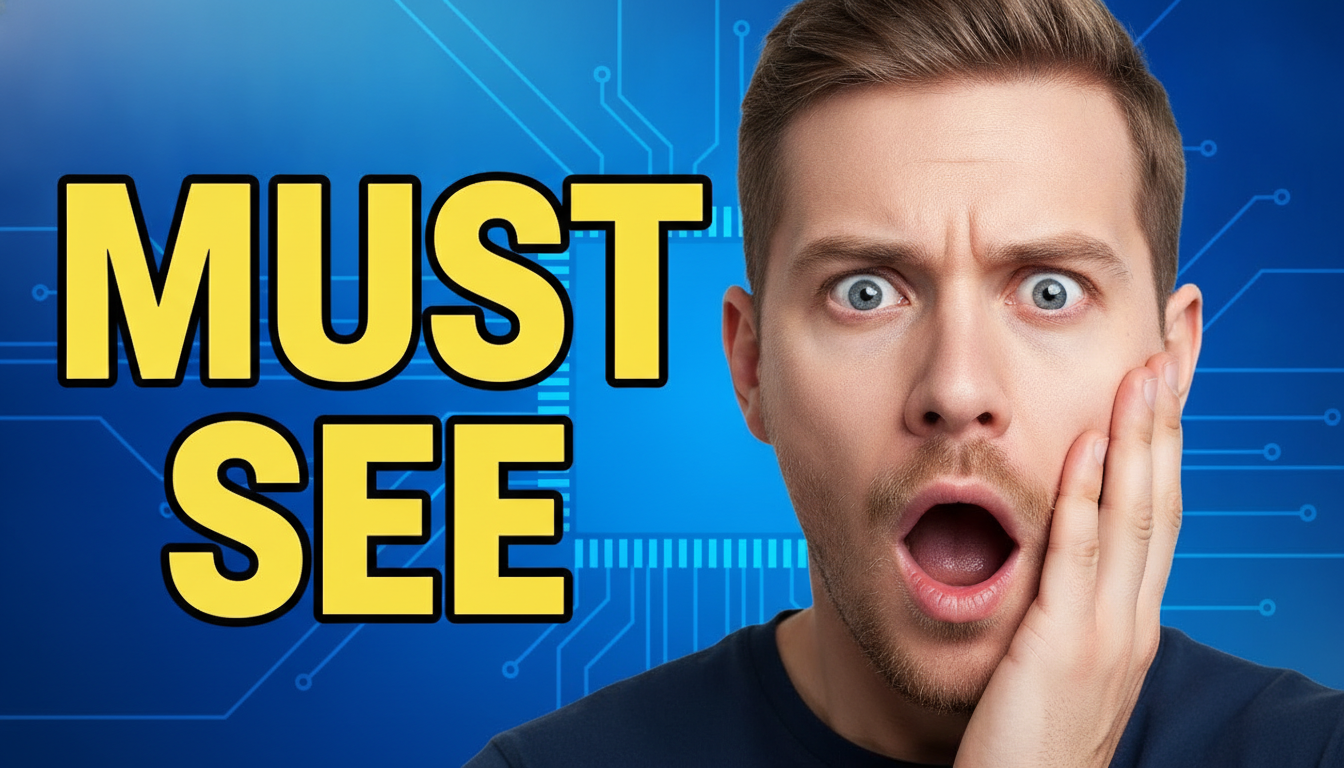 AI content for YouTube thumbnails creating a bold tech review thumbnail with a shocked face and MUST SEE text