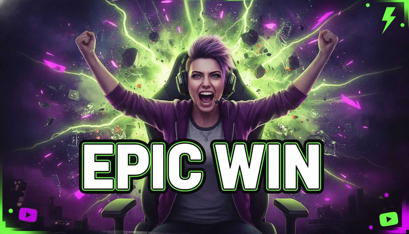 Gaming YouTube thumbnail with an excited gamer and EPIC WIN text made with the AI thumbnail generator