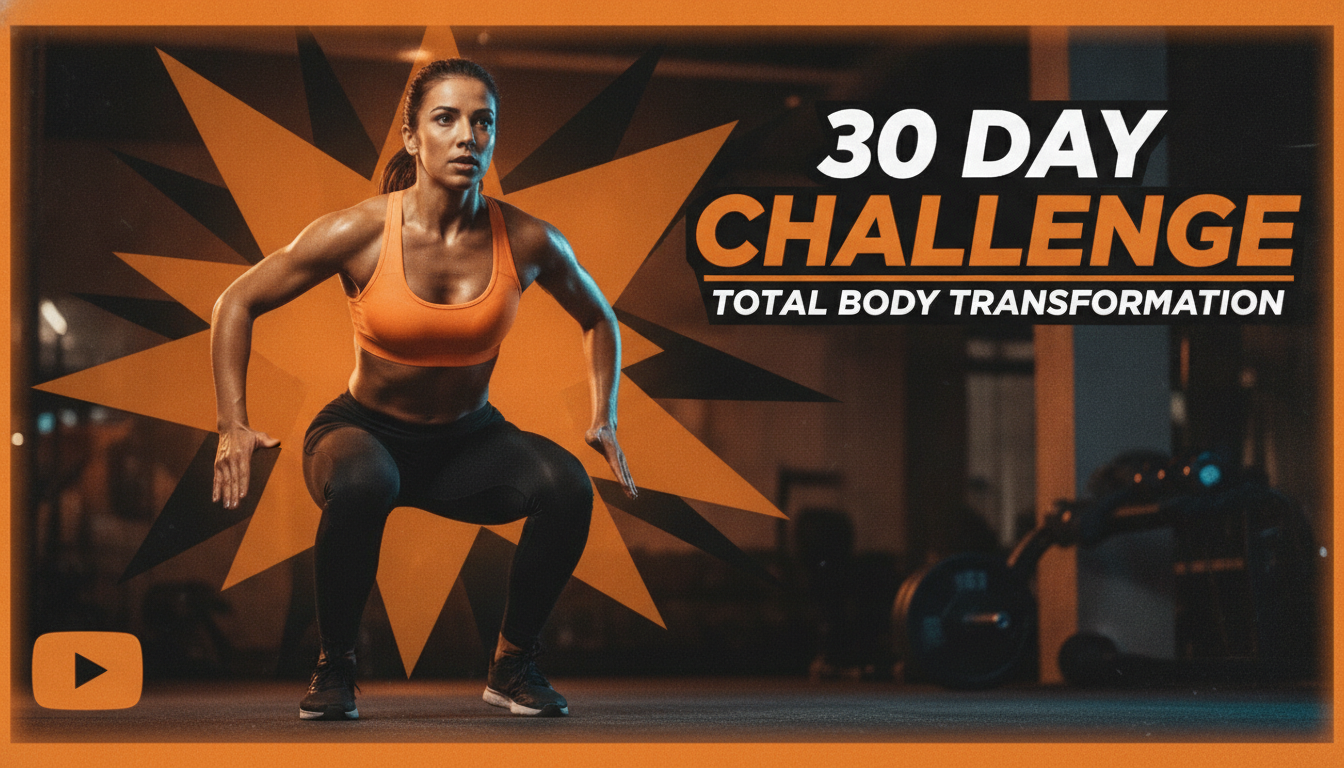 Fitness YouTube thumbnail with an athlete mid-workout and 30 DAY CHALLENGE text made with AI content for YouTube thumbnails