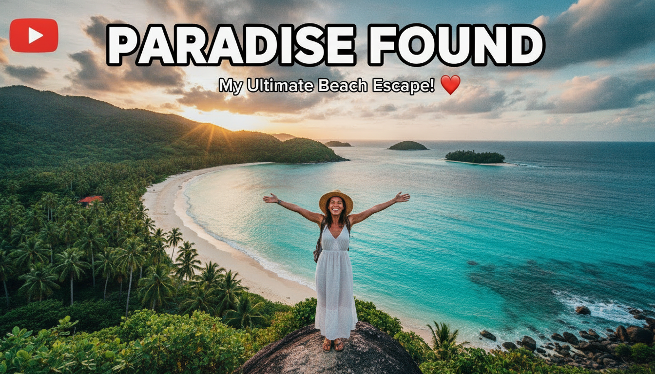 Travel vlog YouTube thumbnail with a tropical beach and PARADISE FOUND text created with the AI thumbnail generator