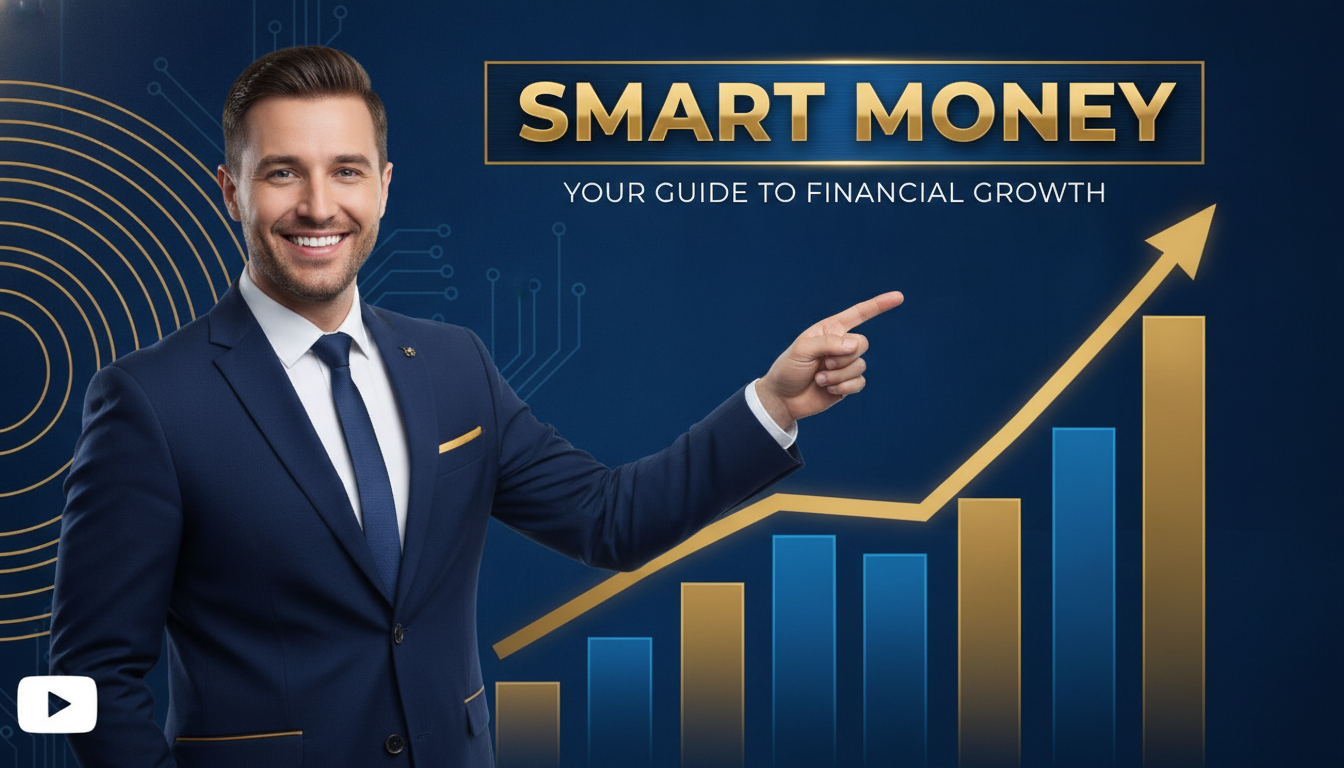 Finance YouTube thumbnail with a presenter and rising graph made with the optimize thumbnails AI tool