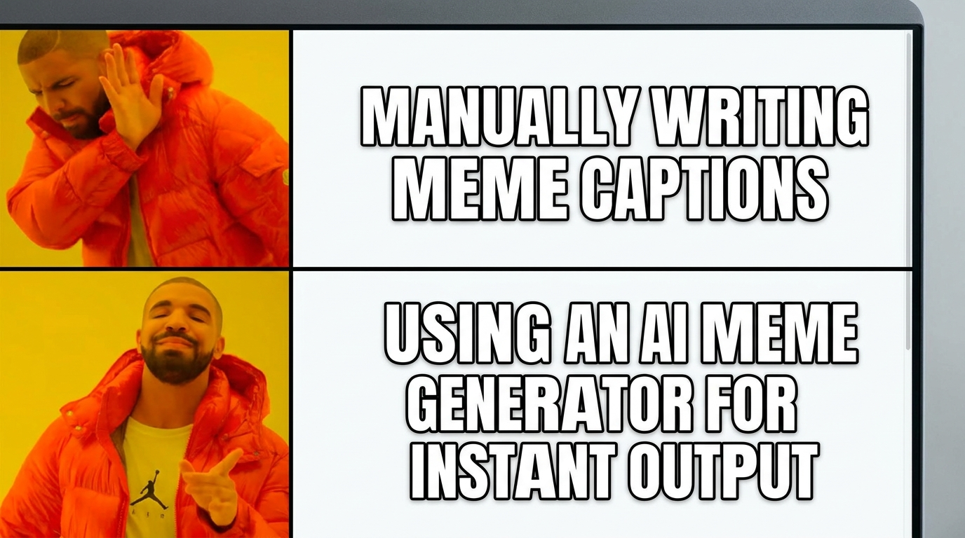 AI meme generator output — a classic Drake pointing two-panel meme with bold white Impact font captions, made with the AI meme generator