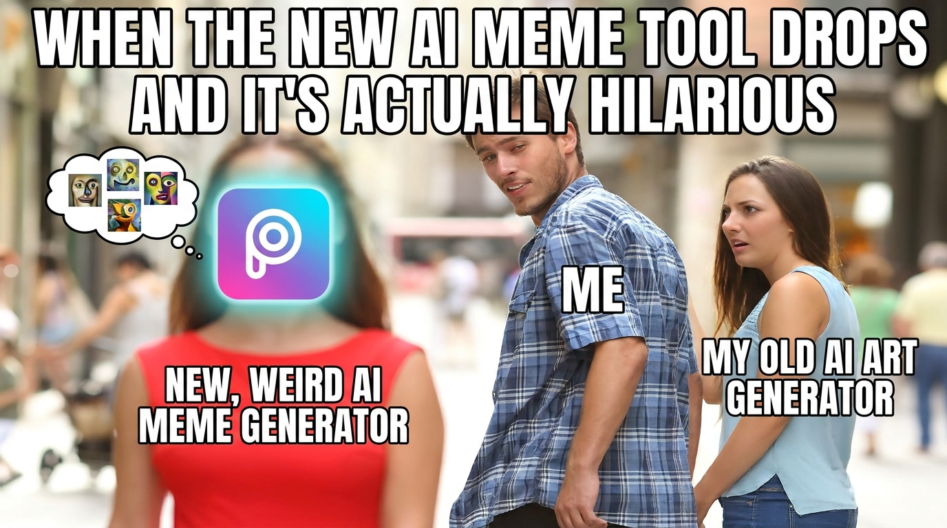 AI meme generator Distracted Boyfriend meme with bold Impact caption text labelling each person, created by the copy-paste AI meme generator