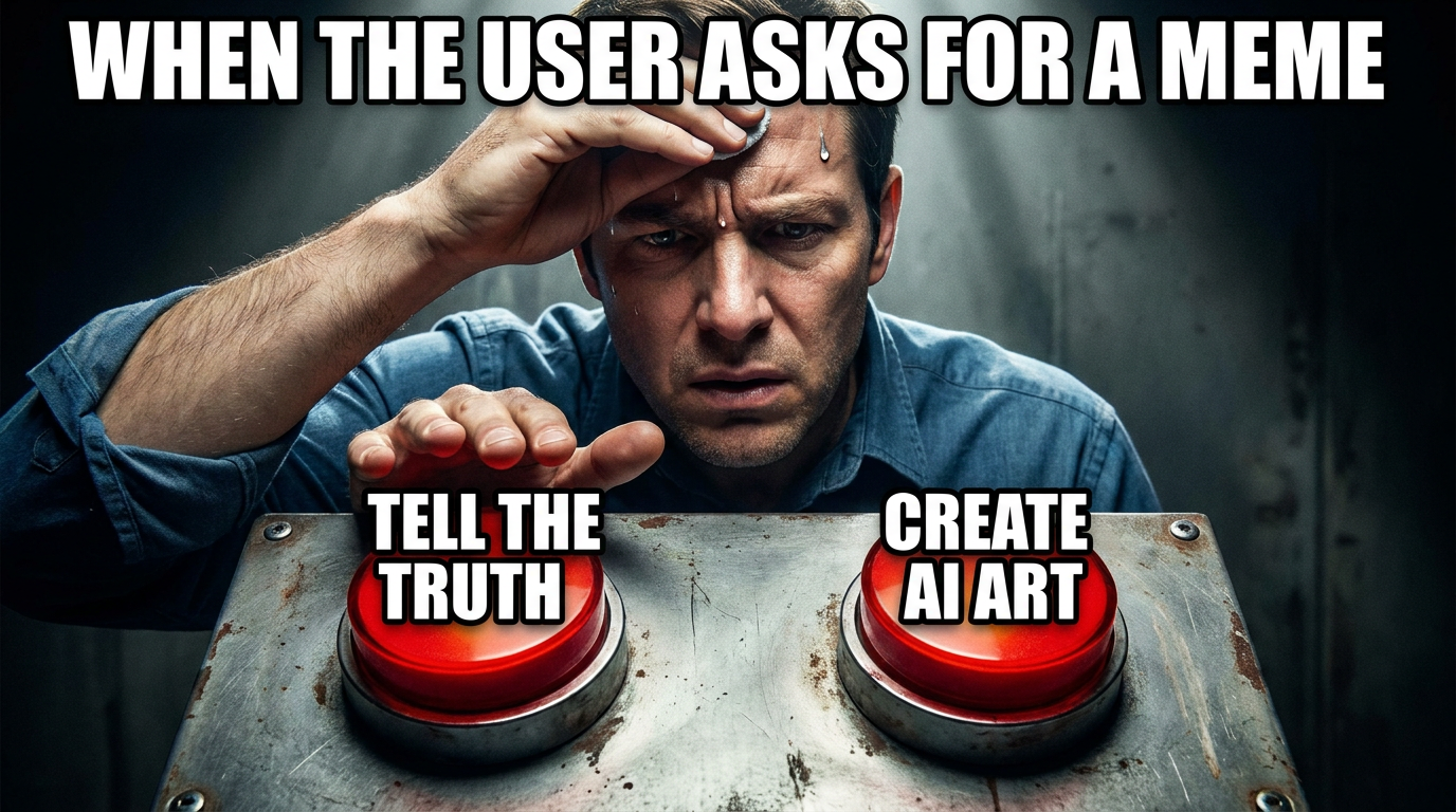 AI meme generator Two Buttons sweating-decision meme with a person choosing between two labelled red buttons and bold white caption text