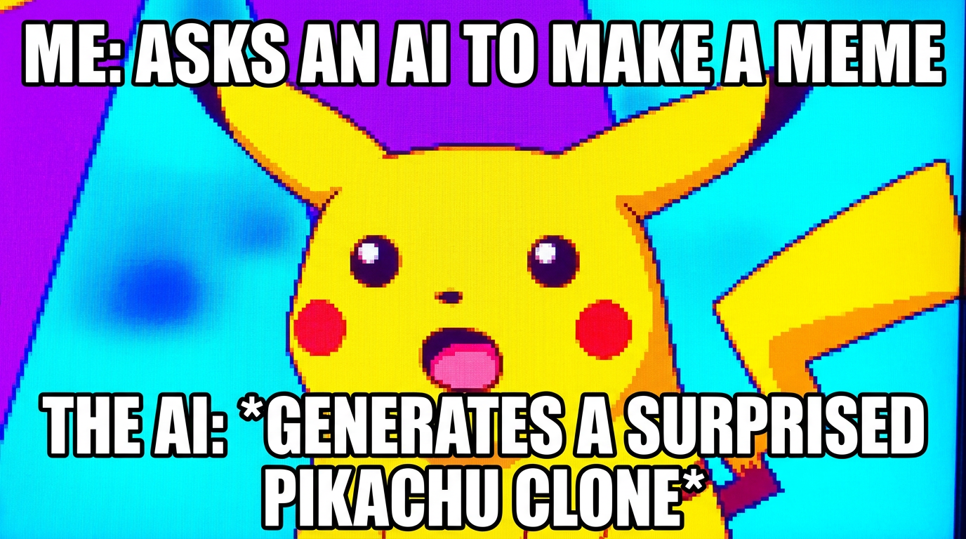 AI meme generator Surprised Pikachu style reaction meme with a shocked cartoon face and bold Impact top-and-bottom caption text, made with the AI meme generator