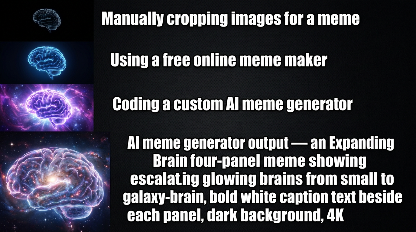 AI meme generator Expanding Brain four-panel meme with escalating glowing brains and bold white captions, generated by the AI meme generator