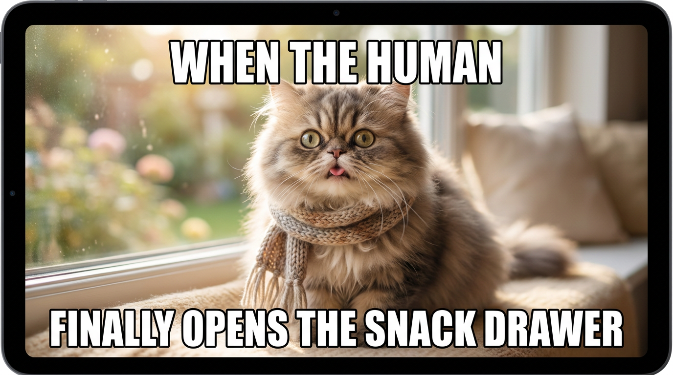 AI meme generator wholesome cat reaction meme with a funny cat expression and bold Impact top-and-bottom caption text, created with the AI meme generator
