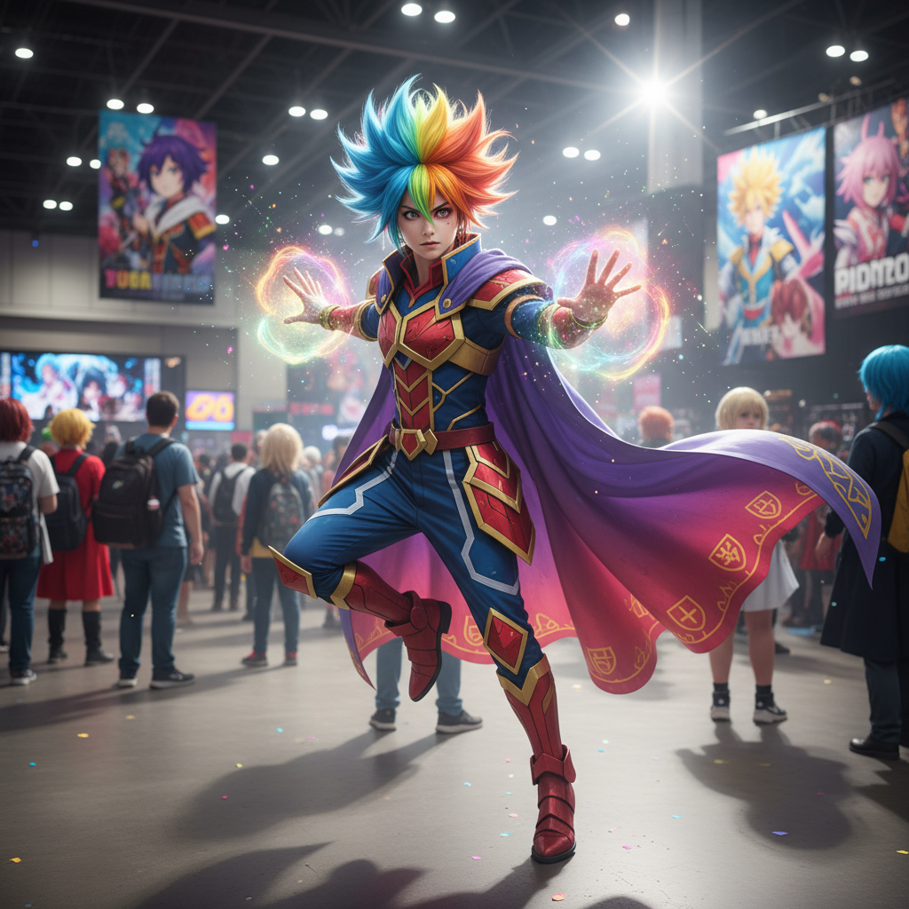 AI cosplay generator result showing a person dressed as a vibrant anime hero with colorful hair in a dynamic convention pose