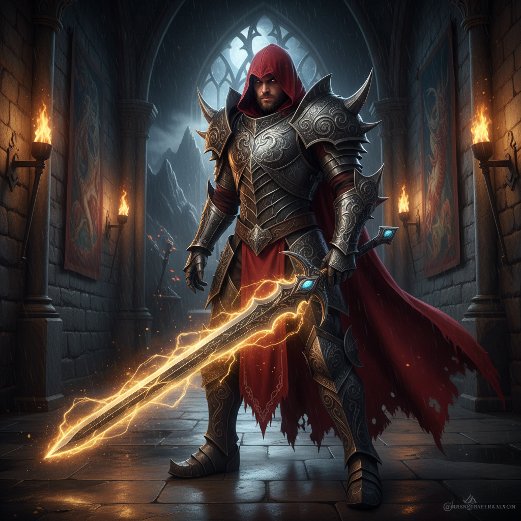 AI cosplay generator result showing a person as a fantasy game warrior in ornate armor holding a glowing sword in a torch-lit castle