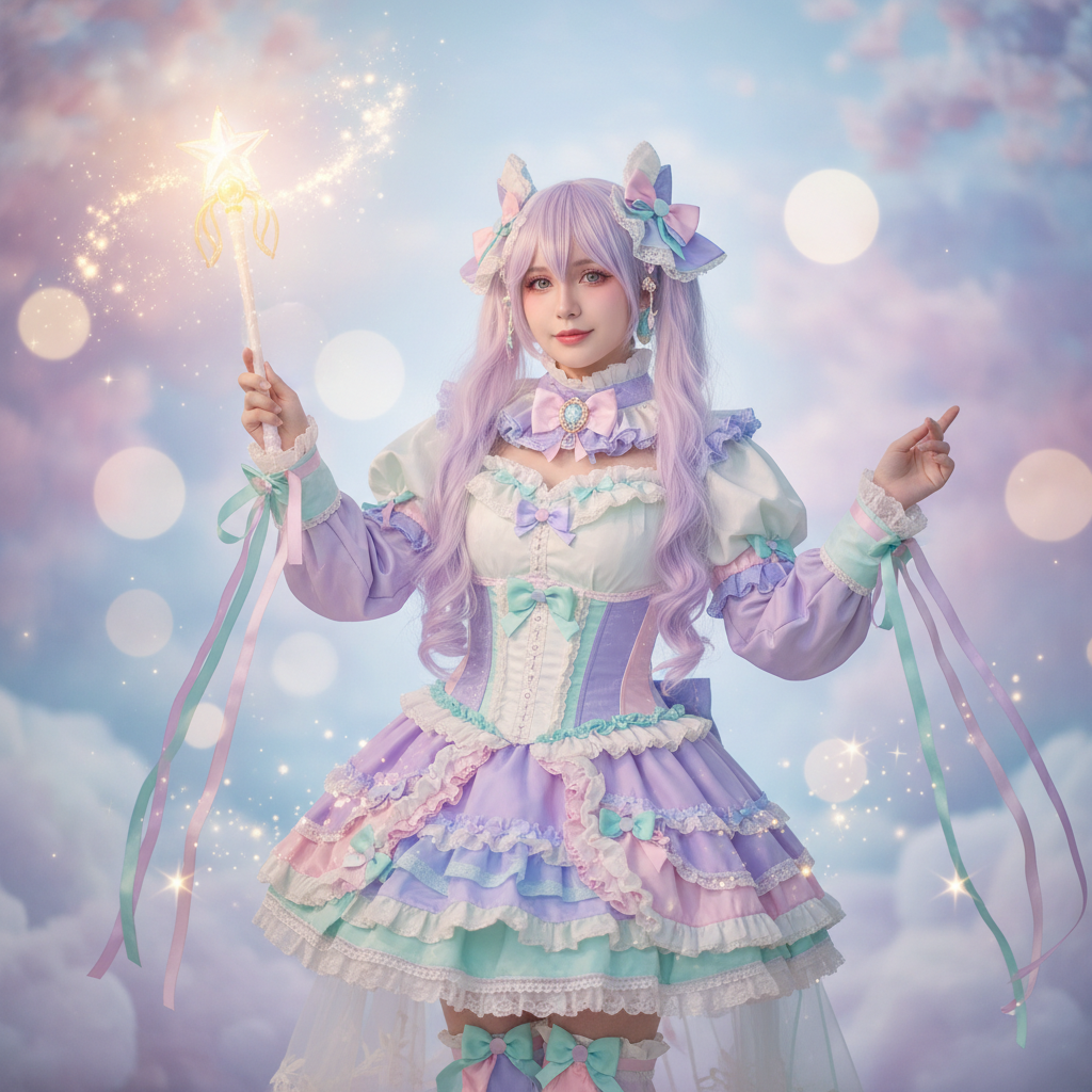 AI cosplay generator result showing a person as a magical girl in a pastel frilly outfit with a glowing wand and sparkles