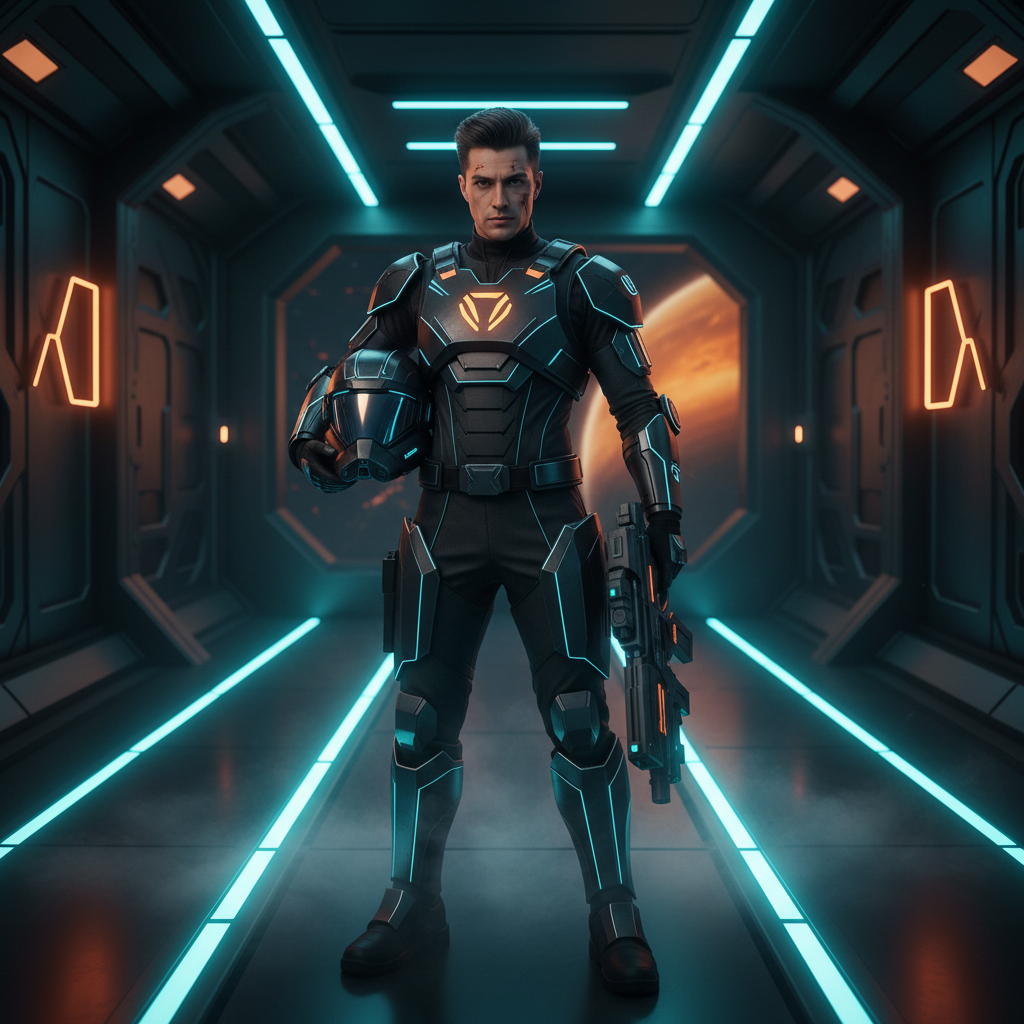 AI cosplay generator result showing a person as a futuristic sci-fi space trooper in glowing armor in a neon spaceship corridor