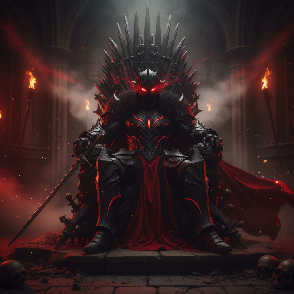 AI cosplay generator result showing a person as a dark fantasy villain in black and crimson armor with a flowing cape