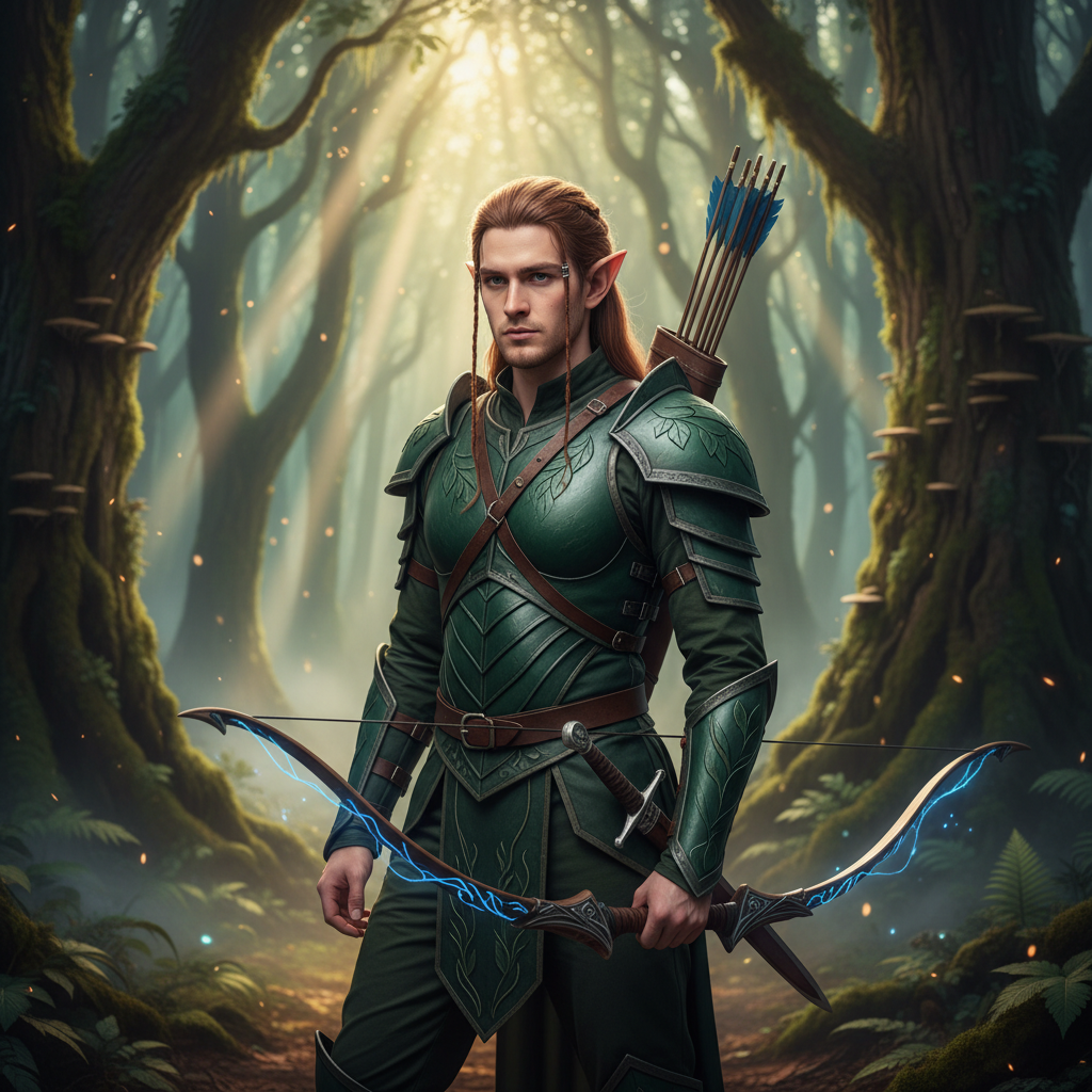 AI cosplay generator result showing a person as a fantasy elf ranger in green leather armor with a bow in an enchanted forest