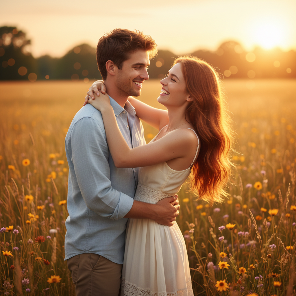 Romantic AI couple photo of a happy couple embracing at golden hour, created by the AI couple photo generator