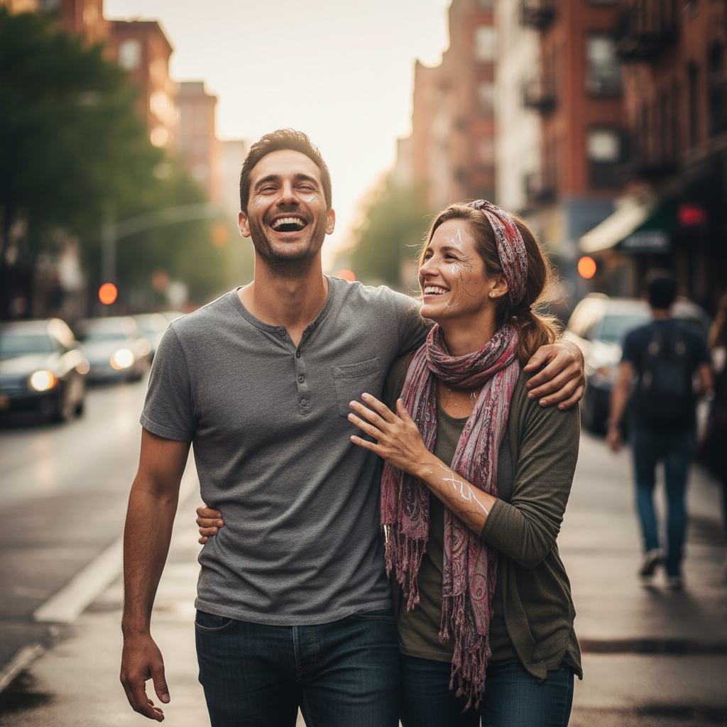 Candid AI couple photo of a couple laughing together on a city street with soft natural light