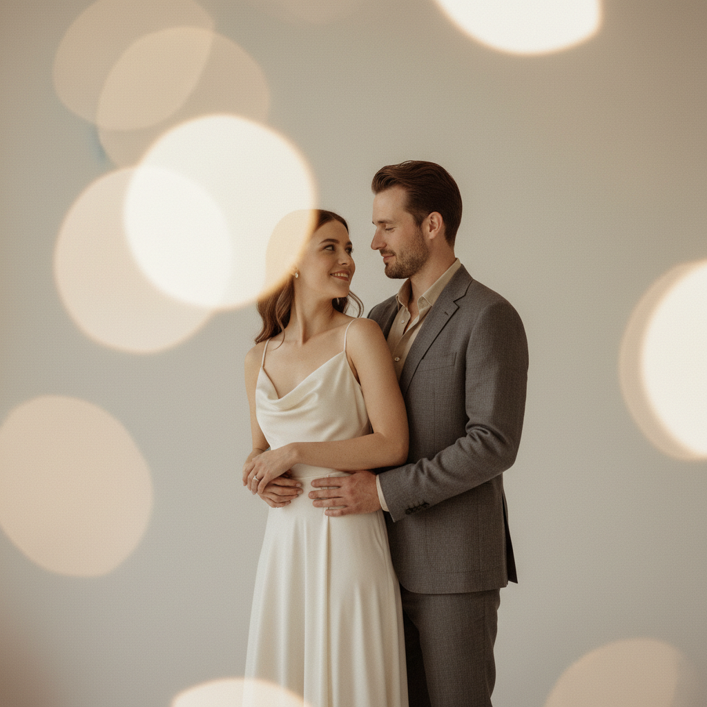 Elegant pre-wedding engagement AI couple portrait with dreamy studio lighting and soft bokeh