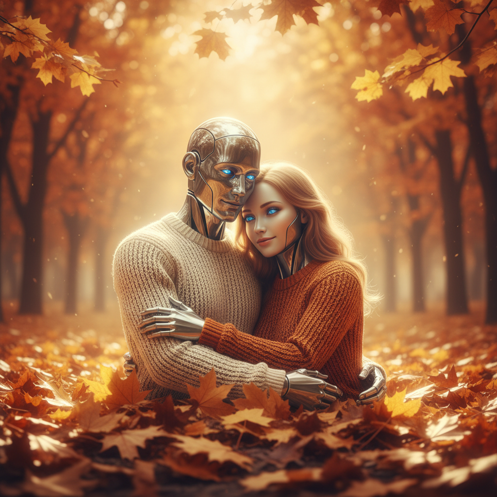 Cozy autumn AI couple photo of a couple cuddling among golden fall foliage with warm color grading