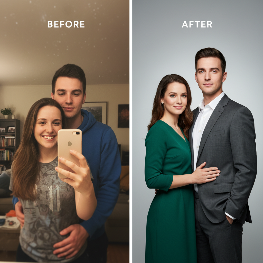 Before and after — a casual couple selfie transformed into a polished couple portrait by AI