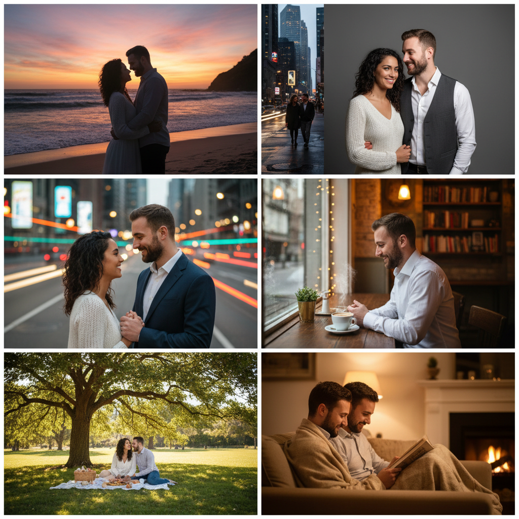 Grid of six AI couple photos of the same couple in different romantic settings and styles