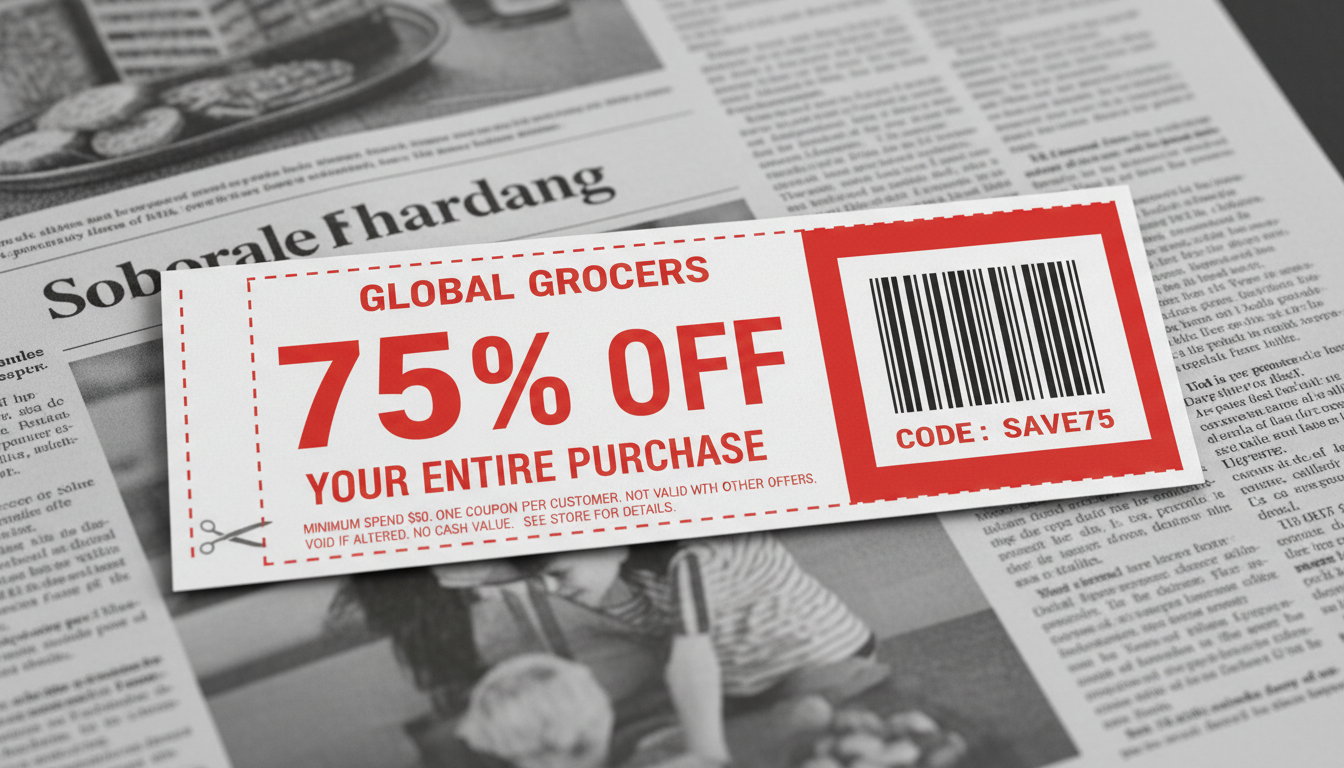 AI coupon generator result: a classic clip-out grocery coupon in red and white with a dashed cut border and scissors icon, a large 75% off figure, terms fine print and a barcode panel with a redemption code