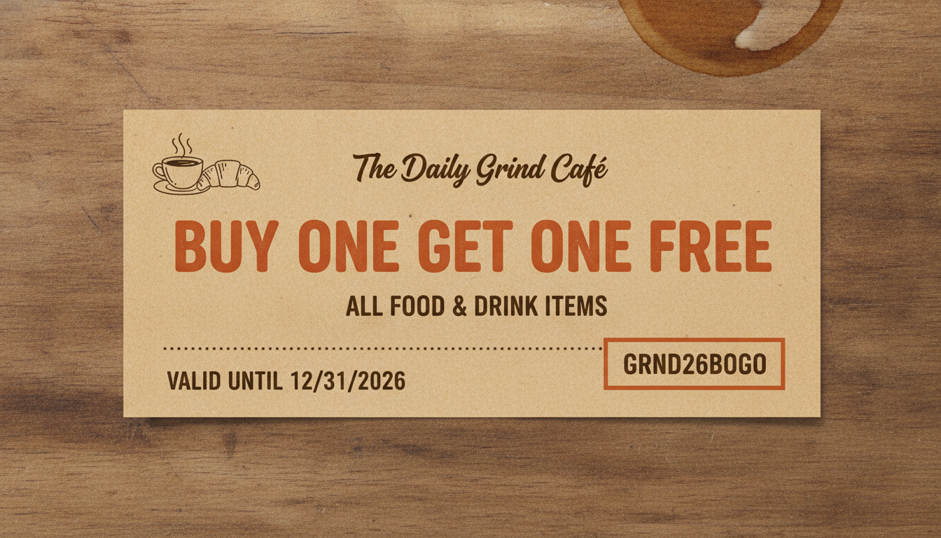 Cafe buy-one-get-one-free promotion coupon made with AI: warm kraft card with a hand-lettered cafe name, a dotted rule, a valid-until date and a boxed redemption code