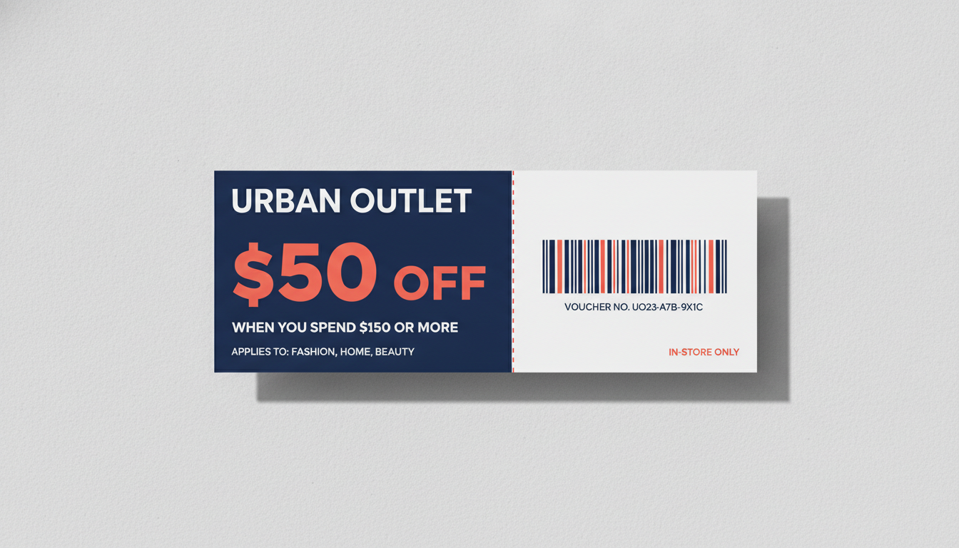 Retail money-off voucher generated by AI: a bold dollar amount off with a minimum spend condition, a dotted divider and a right-hand panel holding a barcode and voucher serial number