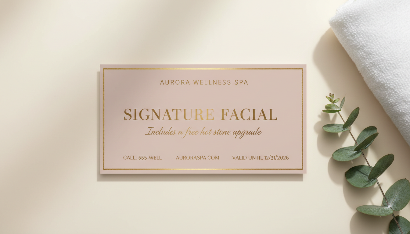 Salon and spa treatment voucher created by the AI coupon generator: blush stock with a gold foil border, the treatment name in serif capitals, a free upgrade line and a booking and valid-until row at the foot