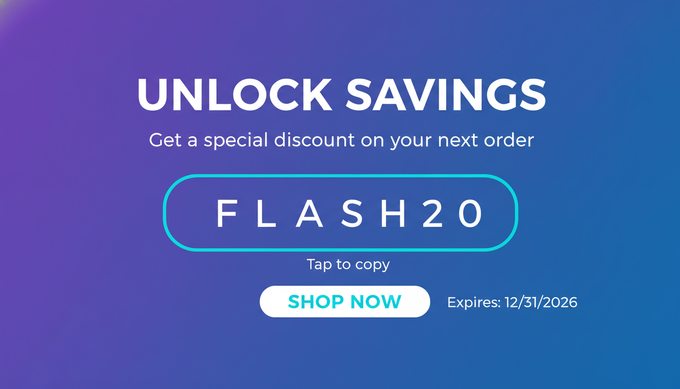 Digital promo code card designed by AI: a violet gradient email banner with an offer headline, an outlined promo code box in spaced monospace capitals, a tap to copy prompt and a shop now button