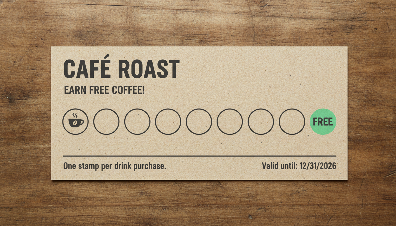Loyalty punch card from the AI coupon generator: oatmeal card stock with a row of plain stamp circles, the first marked with a coffee cup stamp and the last filled and marked free