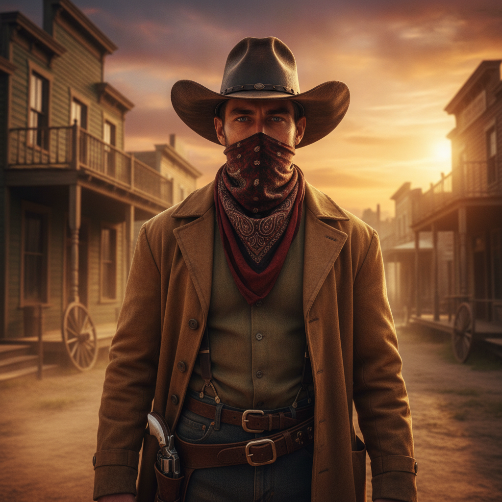 AI cowboy generator result showing a person turned into a classic Western cowboy in a worn leather hat, duster coat, and bandana on a dusty Old West street at golden hour, real face preserved