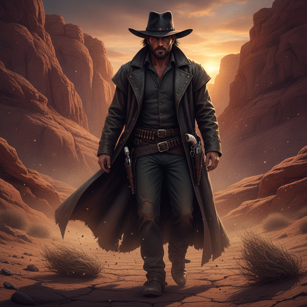 AI cowboy generator result showing a person as a rugged outlaw gunslinger in a black wide-brim hat and long coat with revolvers in a desert canyon at sunset, real face kept recognizable